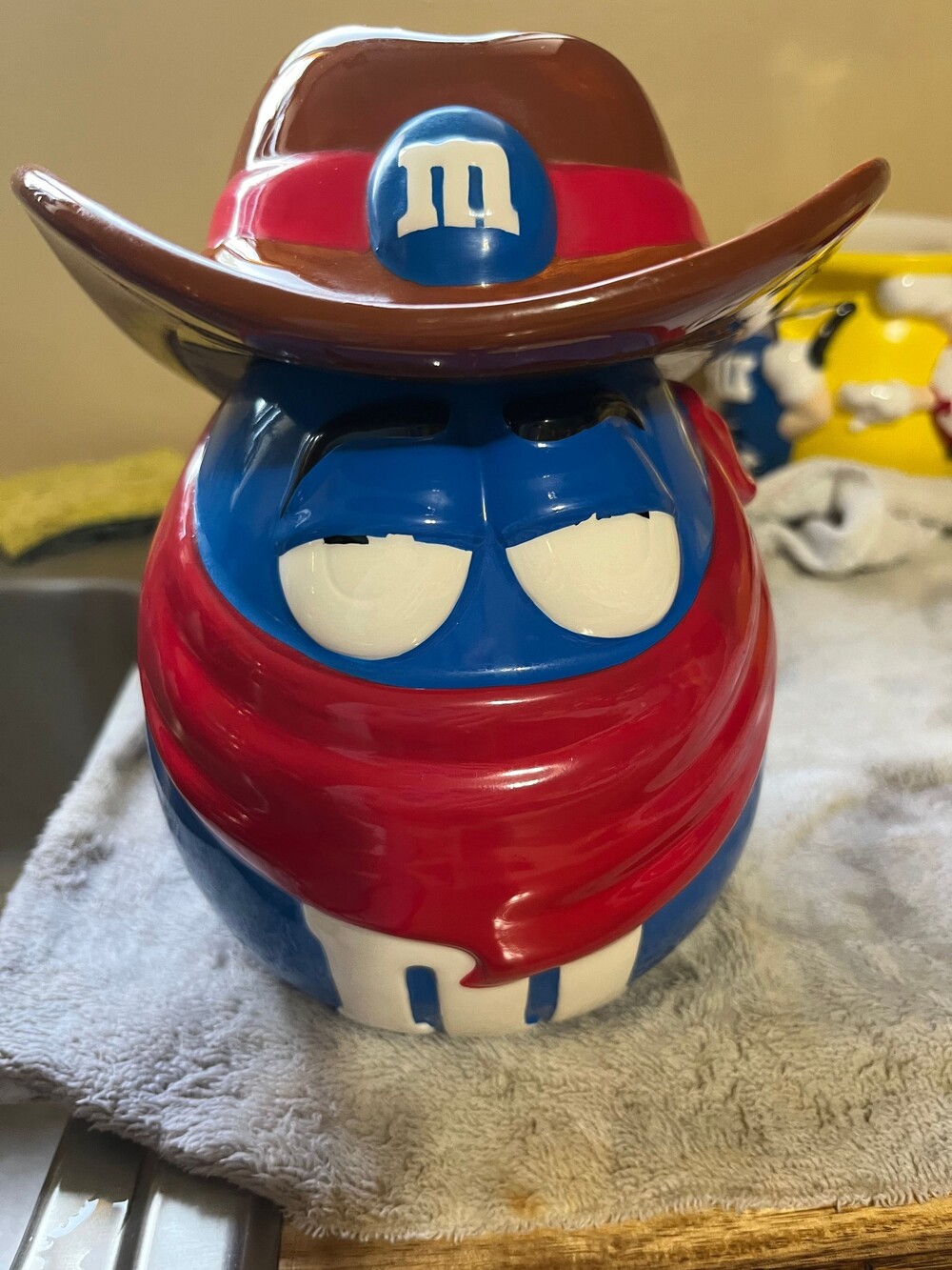 M&M's Blue Cowboy Cookie Jar Ceramic Hat Lid